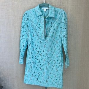 DvF Diane von Furstenberg Leeandra Shirt Dress Soft Turqoise Floral Lace Size O